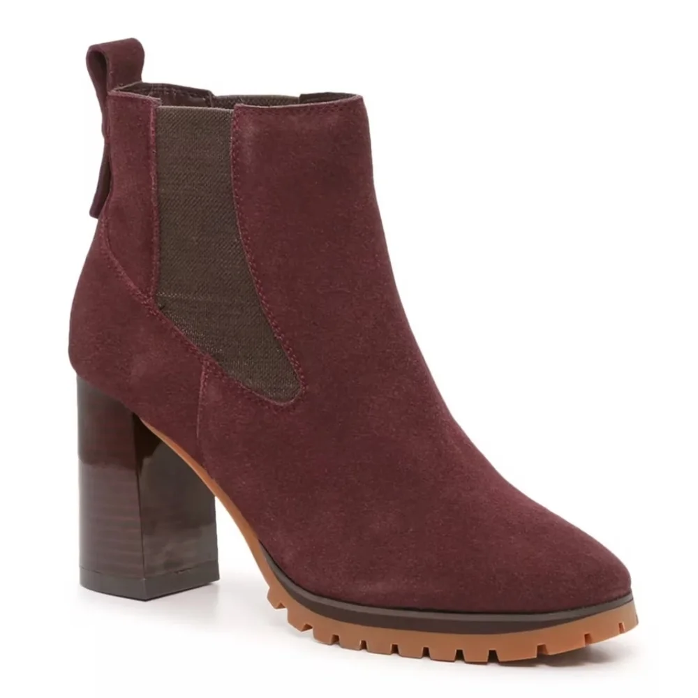 🌻NWOT Sanctuary Ravish Suede Chelsea Heel Ankle Boot, Burgundy Red, Size 9.5